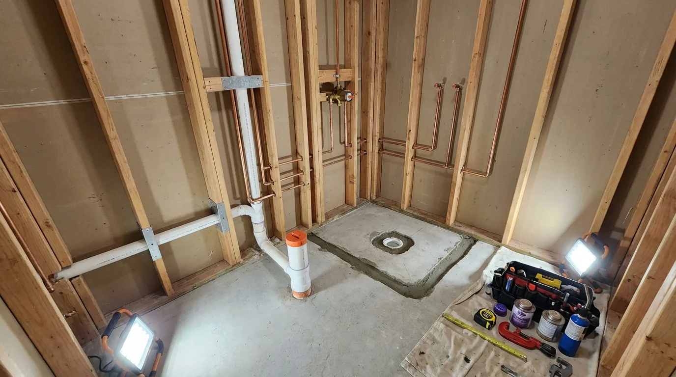 Bathroom rough-in plumbing during remodel by Johns Plumbing LLC in Howell