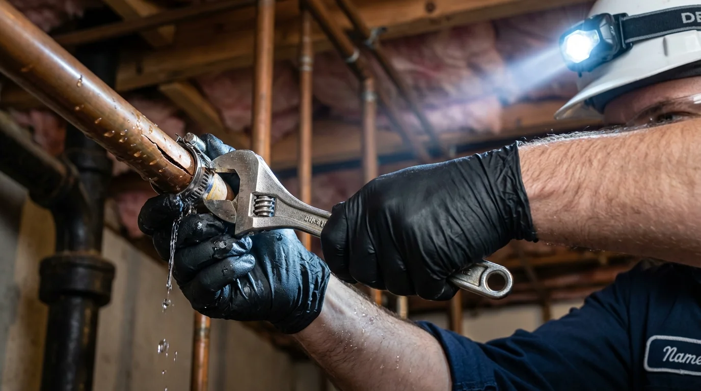 Emergency pipe clamp repair being performed by a Johns Plumbing LLC plumber in Howell