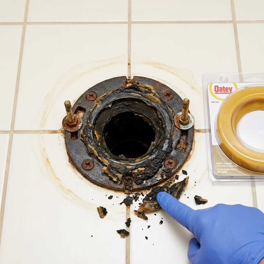 Failed wax ring showing water seepage at the base of a toilet in a Howell, MI home