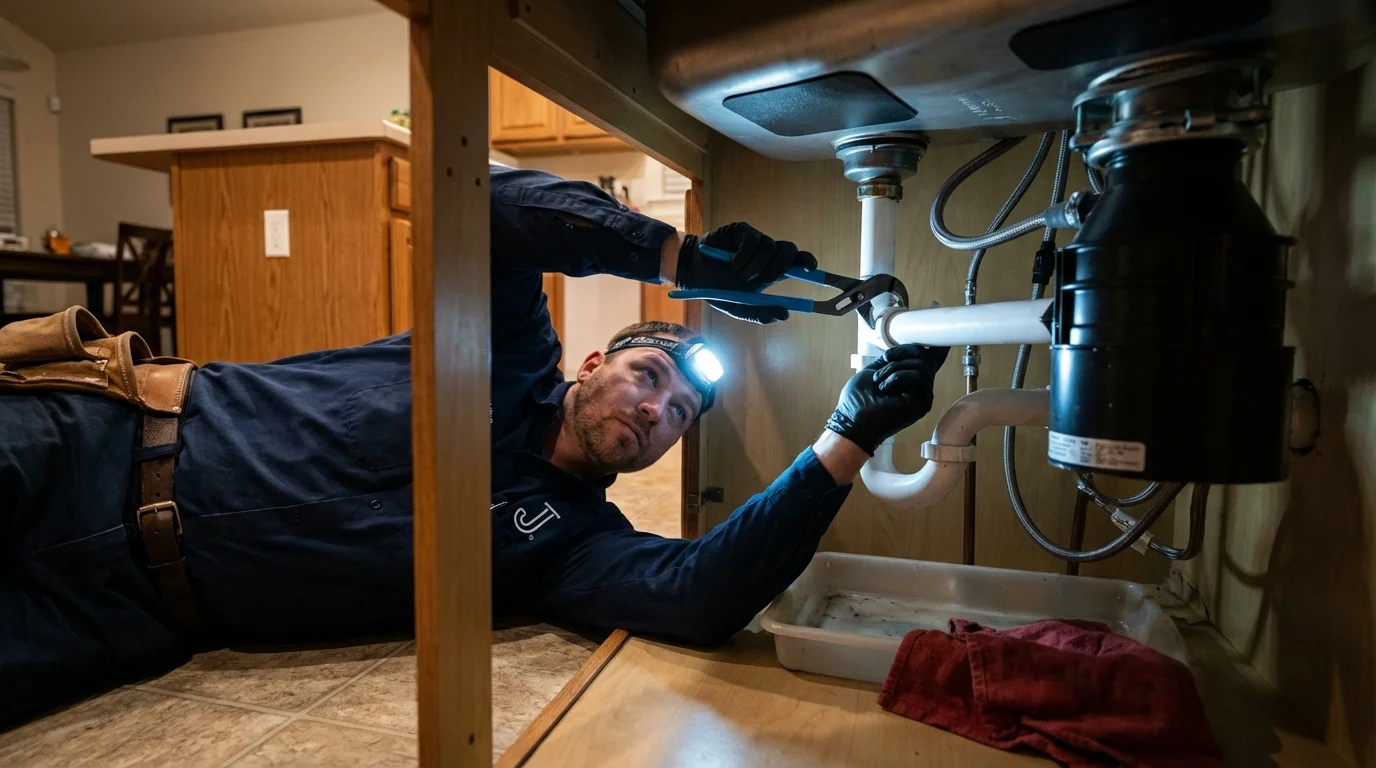 P-trap and supply line connections under a kitchen sink showing a common leak point in Howell, MI
